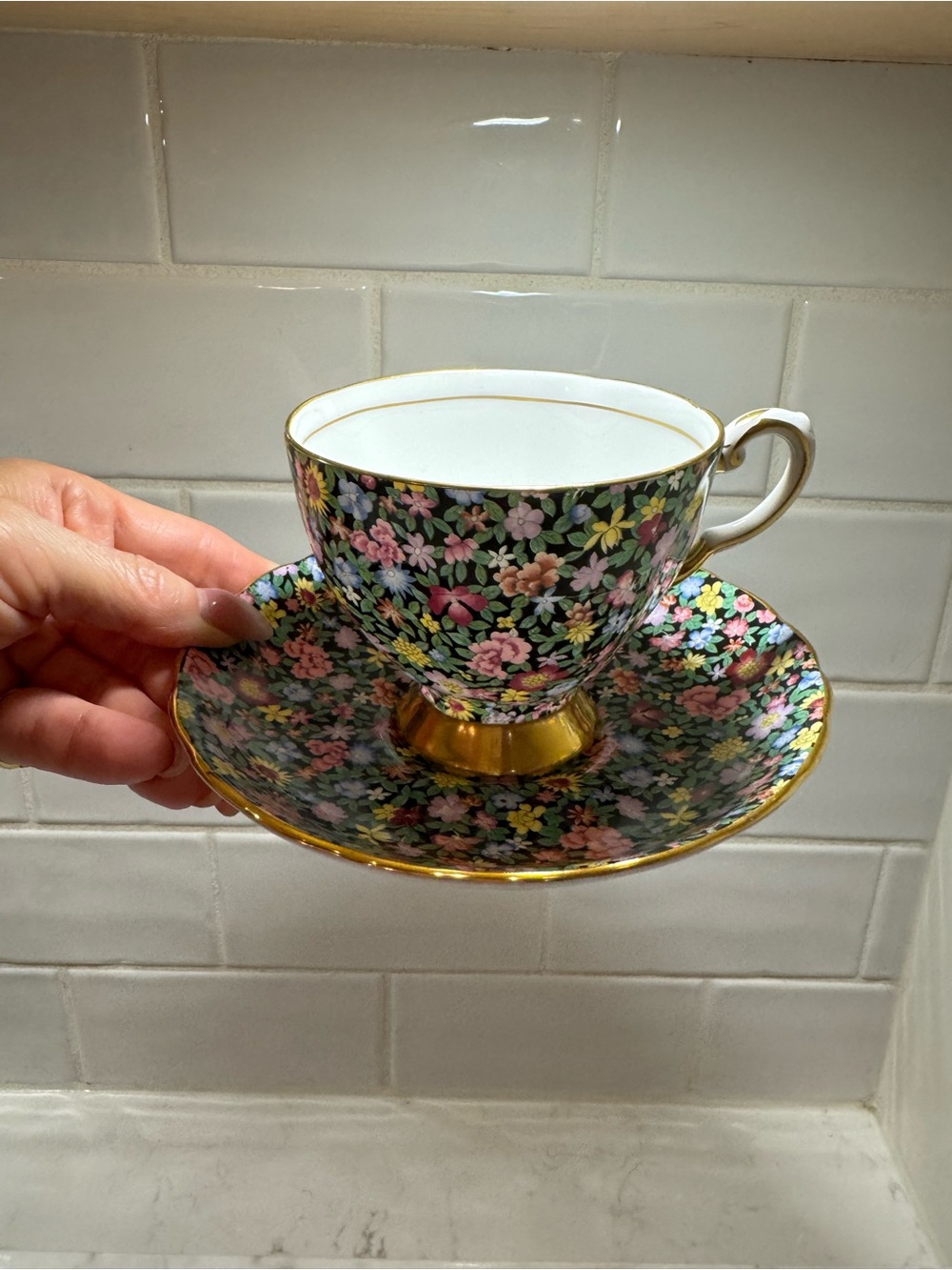 Vintage Tuscan England “Mille Fleurs” Bone China Teacup & Saucer – Black Floral